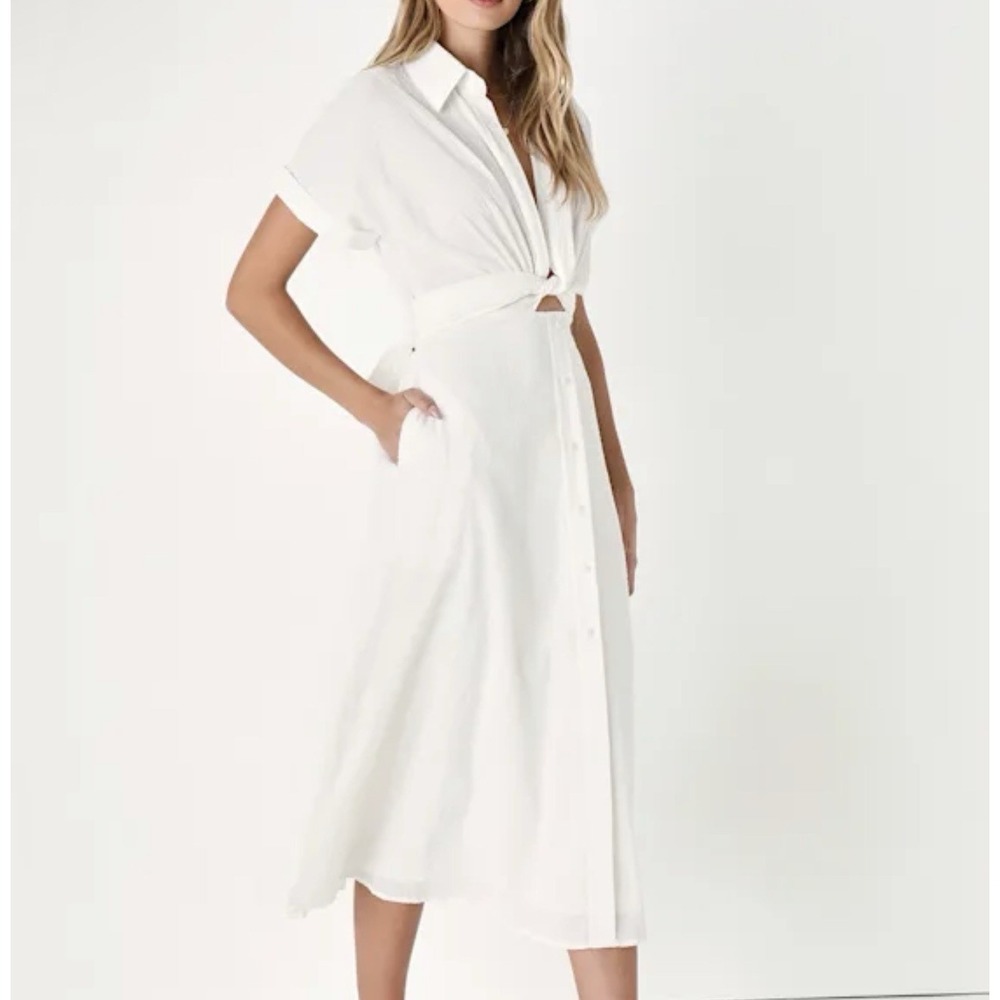 NWT Lulus Palermo Perfection White Collared Tie Around Midi Dress Size Medium